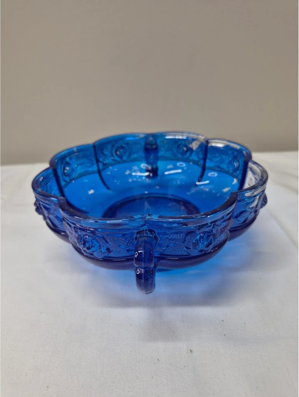 Vintage Glass Decorative Bowl with Blue Paint and Handles J4
